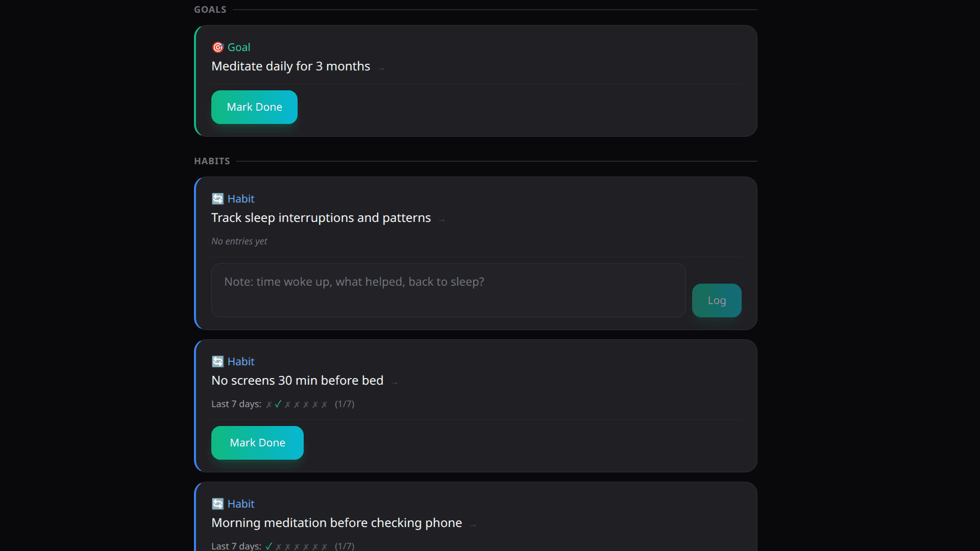 Cards and tracking view showing goals, habits, and daily check-ins